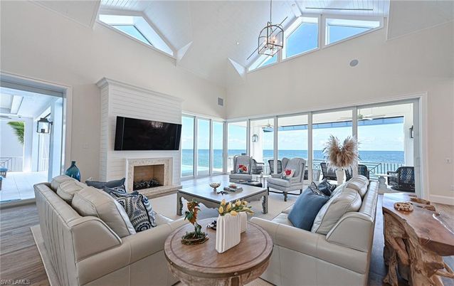 Fireplace, Interior, Living room, Pendant Lights, Water, Wood Texture Flooring