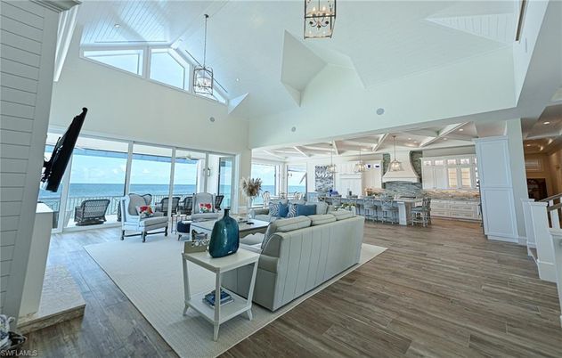 Interior, Kitchen, Living room, Pendant Lights, Recessed Lighting, Water, Wood Texture Flooring