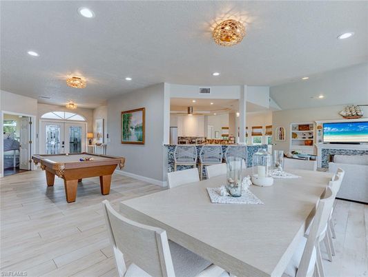 Billiard Table, Dining room, Game Room, Interior, Recessed Lighting, Wood Texture Flooring
