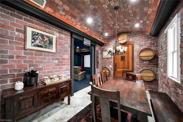 Chandelier, Dining room, Interior, Recessed Lighting, Stone Walls