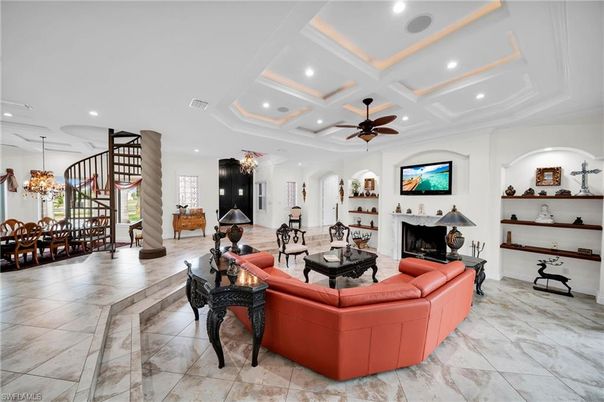 Chandelier, Dining room, Fireplace, Interior, Living room, Recessed Lighting