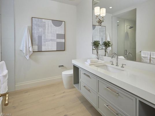 Bathroom, Dual Sink Vanities, Interior, Recessed Lighting, Wood Texture Flooring