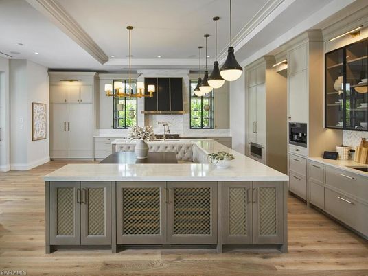 Chandelier, Interior, Kitchen, Pendant Lights, Recessed Lighting, Stainless Steel Appliances, Wood Texture Flooring