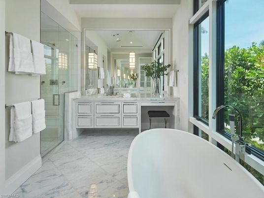 Bathroom, Dual Sink Vanities, Free Standing Baths, Glass Shower, Interior, Marble, Recessed Lighting