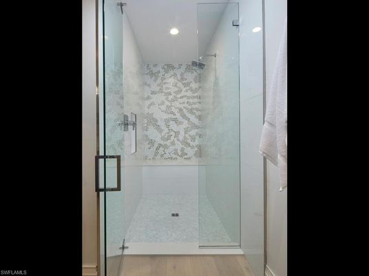 Bathroom, Glass Shower, Interior, Recessed Lighting, Wood Texture Flooring