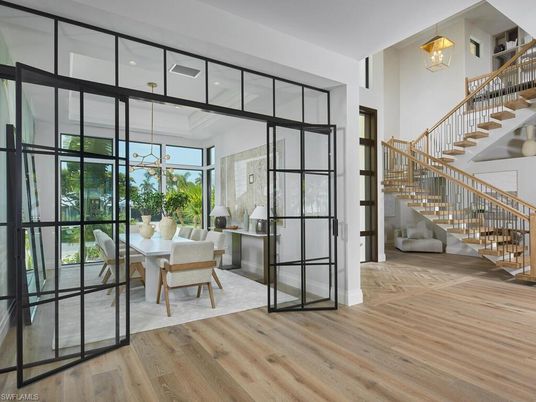 Dining room, Interior, Pendant Lights, Wood Texture Flooring
