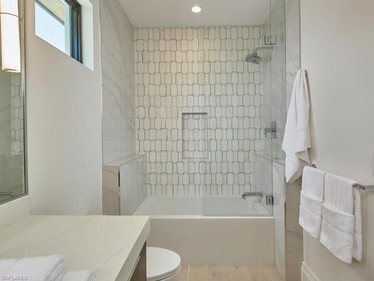 Bathroom, Glass Shower, Interior, Recessed Lighting, Wood Texture Flooring