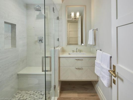 Bathroom, Glass Shower, Interior, Wood Texture Flooring
