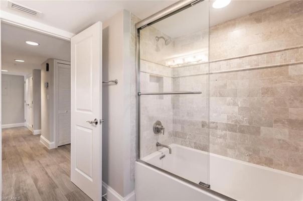 Bathroom, Glass Shower, Interior, Recessed Lighting, Wood Texture Flooring