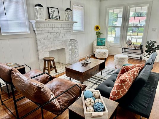 Fireplace, Interior, Living room, Stone Walls, Wood Texture Flooring