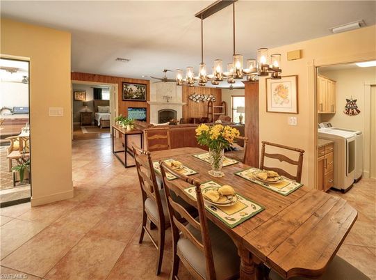 Dining room, Fireplace, Interior, Living room, Pendant Lights