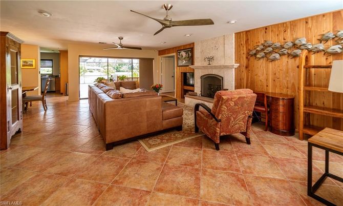 Fireplace, Interior, Living room, Recessed Lighting, Wooden Walls