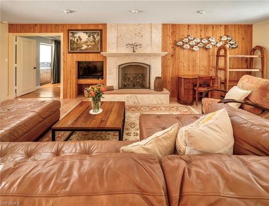 Fireplace, Interior, Living room, Recessed Lighting, Wood Texture Flooring, Wooden Walls