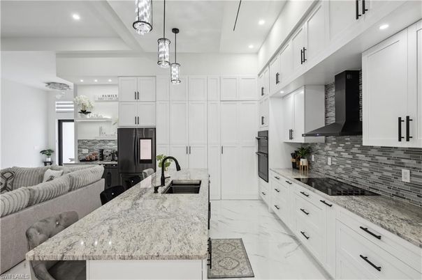 Interior, Kitchen, Marble, Pendant Lights, Recessed Lighting, Stainless Steel Appliances