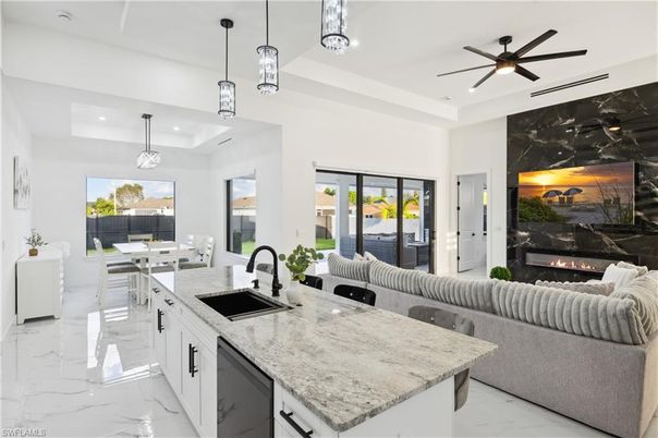 Dining room, Fireplace, Interior, Kitchen, Living room, Marble, Pendant Lights, Recessed Lighting
