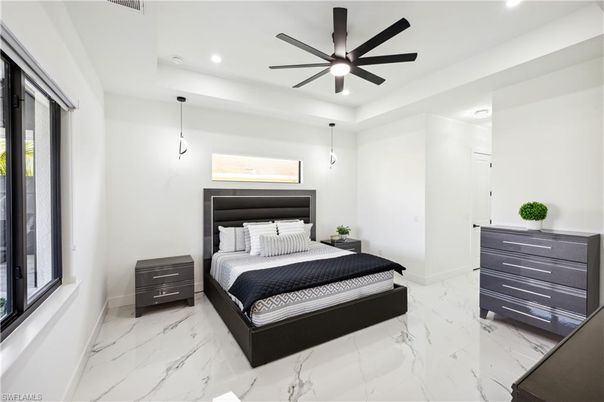 Bedroom, Interior, Marble, Pendant Lights, Recessed Lighting