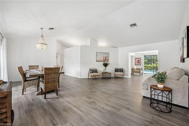 Dining room, Interior, Living room, Pendant Lights, Wood Texture Flooring