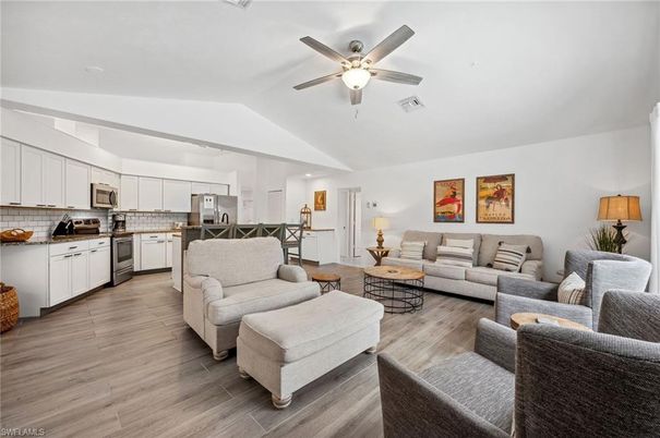 Interior, Kitchen, Living room, Stainless Steel Appliances, Wood Texture Flooring