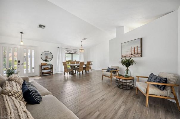 Dining room, Interior, Living room, Pendant Lights, Wood Texture Flooring