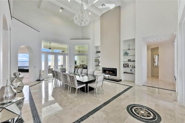 Chandelier, Dining room, Fireplace, Interior, Living room, Recessed Lighting
