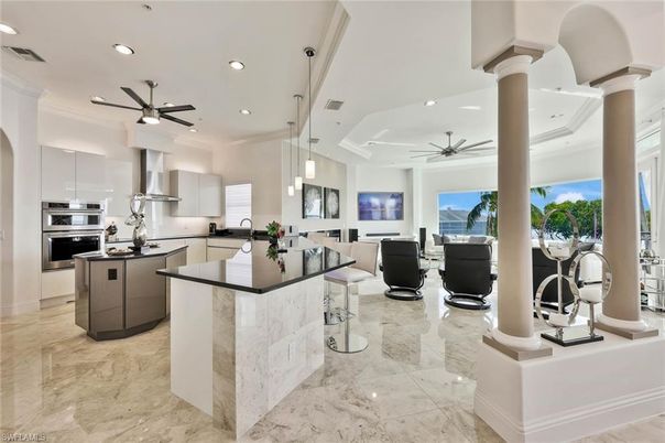 Dining room, Interior, Kitchen, Marble, Pendant Lights, Recessed Lighting, Stainless Steel Appliances