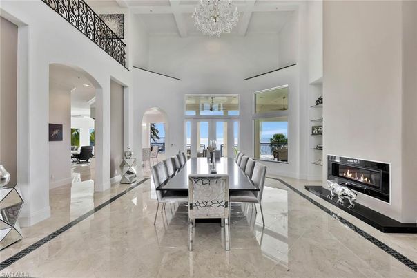Chandelier, Dining room, Fireplace, Interior, Marble, Recessed Lighting