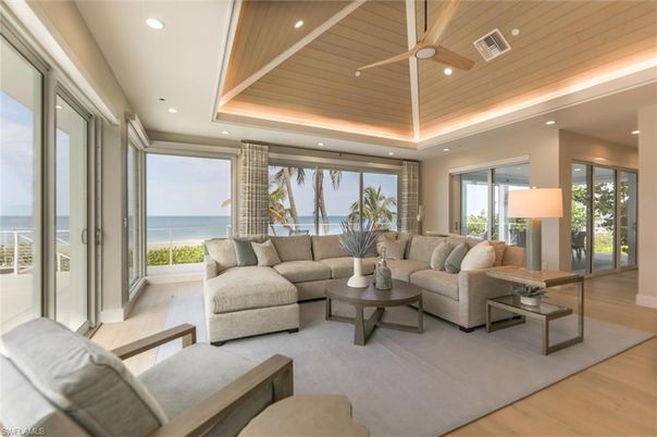 Interior, Living room, Recessed Lighting, Water, Wooden Ceilings, Wood Texture Flooring
