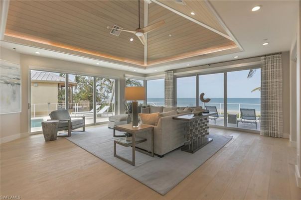 Interior, Living room, Recessed Lighting, Water, Wooden Ceilings, Wood Texture Flooring