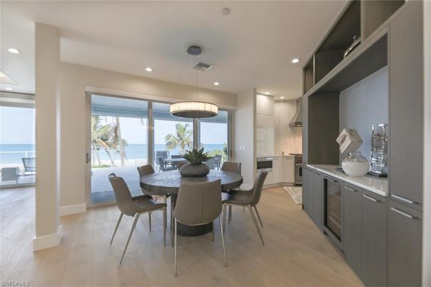 Dining room, Interior, Kitchen, Pendant Lights, Recessed Lighting, Water, Wood Texture Flooring