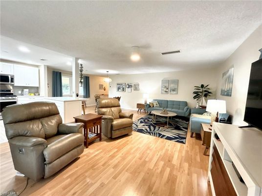 Interior, Kitchen, Living room, Pendant Lights, Stainless Steel Appliances, Wood Texture Flooring
