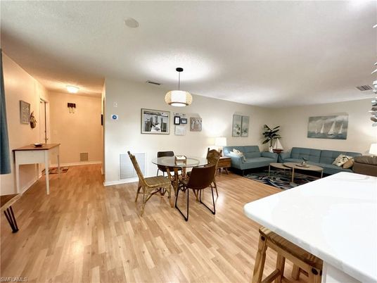 Dining room, Interior, Living room, Pendant Lights, Wood Texture Flooring