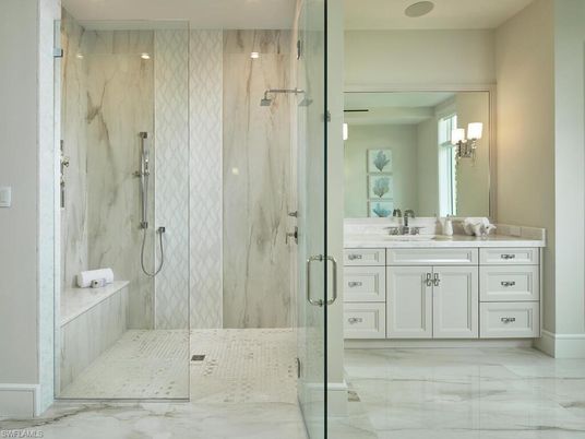 Bathroom, Glass Shower, Interior, Marble, Marble Walls, Recessed Lighting