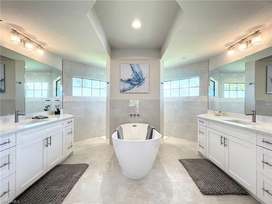 Bathroom, Dual Sink Vanities, Free Standing Baths, Glass Shower, Interior, Recessed Lighting
