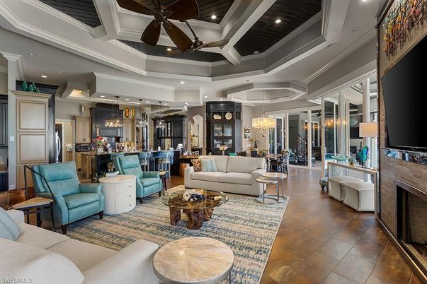 Chandelier, Dining room, Fireplace, Interior, Kitchen, Living room, Pendant Lights, Recessed Lighting