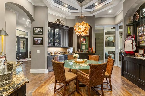 Dining room, Fireplace, Interior, Pendant Lights, Recessed Lighting, Wood Texture Flooring