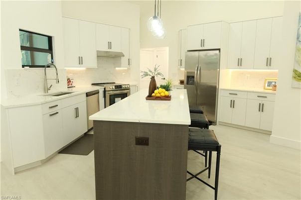 Interior, Kitchen, Pendant Lights, Stainless Steel Appliances, Wood Texture Flooring