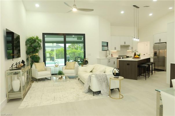 Interior, Kitchen, Living room, Pendant Lights, Recessed Lighting, Stainless Steel Appliances, Wood Texture Flooring