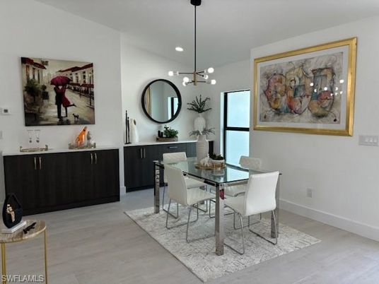 Dining room, Interior, Pendant Lights, Recessed Lighting, Wood Texture Flooring