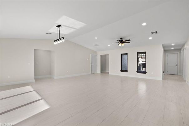 Empty room, Interior, Pendant Lights, Recessed Lighting, Wood Texture Flooring