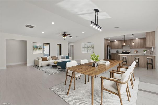 Dining room, Interior, Kitchen, Living room, Pendant Lights, Recessed Lighting, Stainless Steel Appliances, Wood Texture Flooring