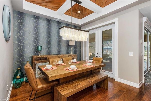 Chandelier, Dining room, Interior, Wooden Ceilings, Wood Texture Flooring