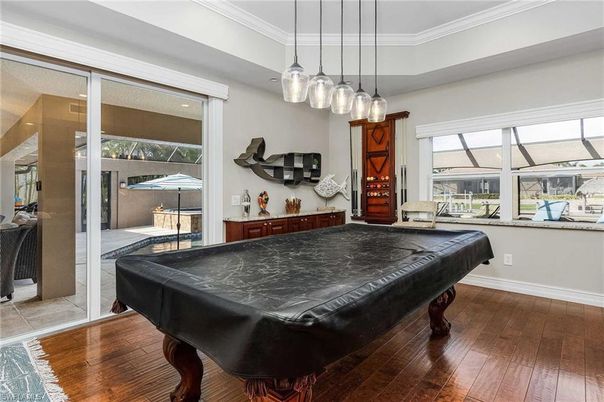 Billiard Table, Game Room, Interior, Pendant Lights, Wood Texture Flooring