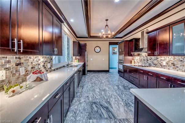Interior, Kitchen, Marble, Pendant Lights, Recessed Lighting, Stainless Steel Appliances