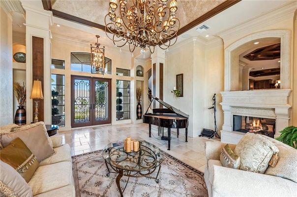 Chandelier, Fireplace, Interior, Living room, Piano, Recessed Lighting