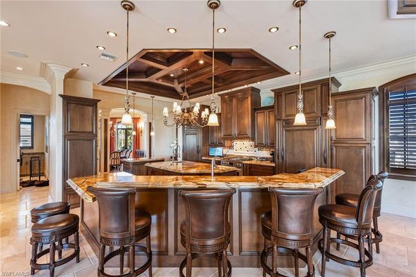 Chandelier, Interior, Kitchen, Pendant Lights, Recessed Lighting, Stainless Steel Appliances, Wooden Beams, Wooden Ceilings