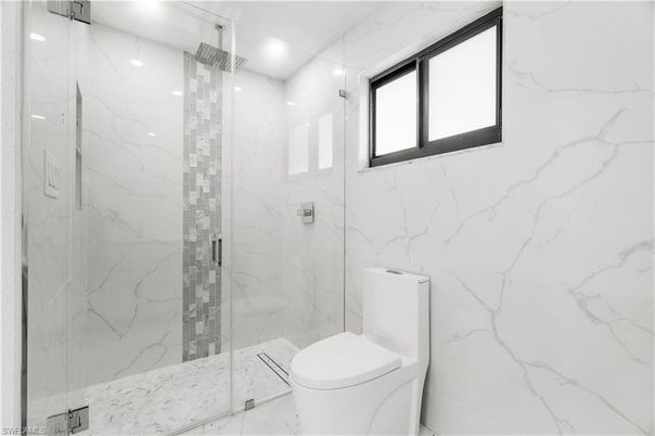 Bathroom, Glass Shower, Interior, Marble, Marble Walls, Recessed Lighting