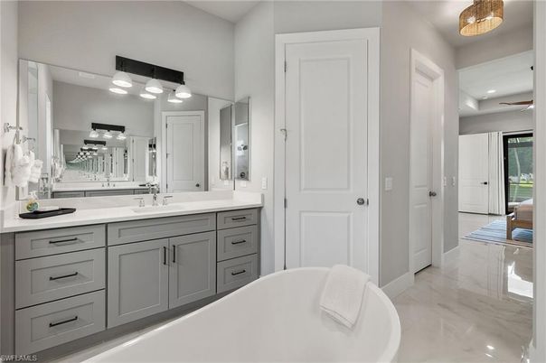 Bathroom, Dual Sink Vanities, Free Standing Baths, Interior, Marble, Recessed Lighting