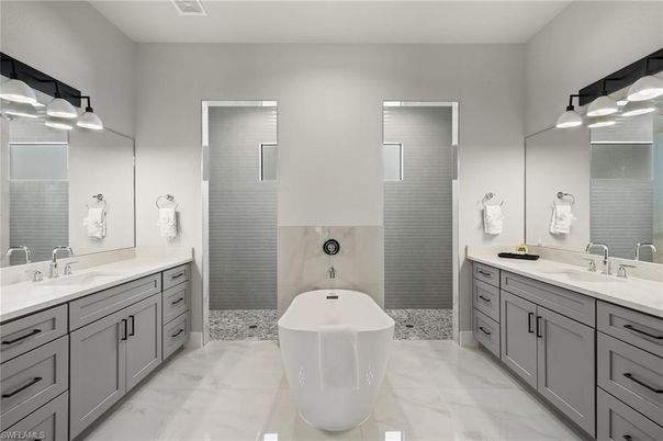Bathroom, Dual Sink Vanities, Free Standing Baths, Interior, Marble