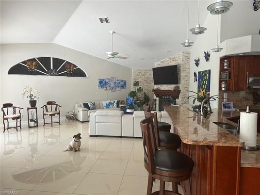 Fireplace, Interior, Kitchen, Living room, Pendant Lights, Stone Walls
