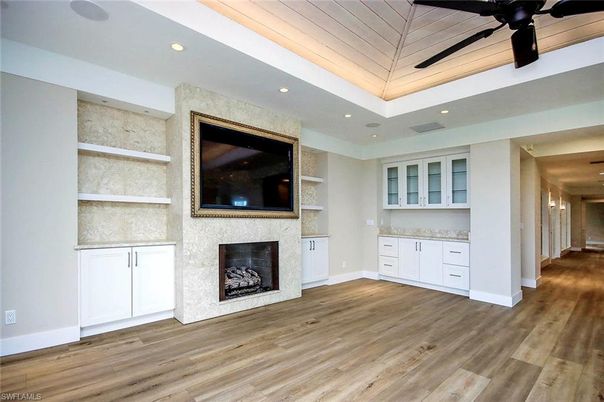 Fireplace, Interior, Recessed Lighting, Wood Texture Flooring